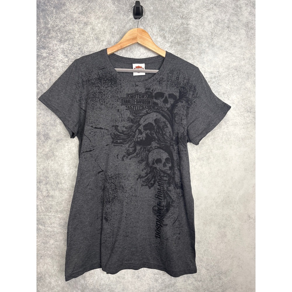 Harley-Davidson Women's Daytona Beach Gray Distressed Skulls Logo Shirt L/XL